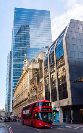 London, UK - 04 May 2024: Double-decker bus in City of Londonの写真素材