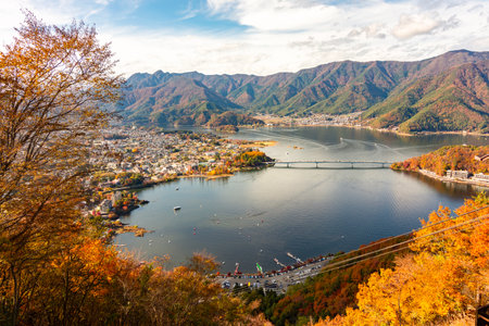 Lake Kawaguchi in autumn, Japanの写真素材