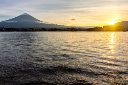 Sunset at lake Kawaguchi with mount Fuji, Fujikawaguchiko, Japanの写真素材