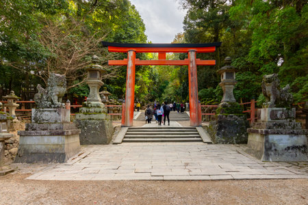 Entrance Torii gate to Kasuga-Taisha - 8th century Shinto shrine in Nara, Japanの写真素材