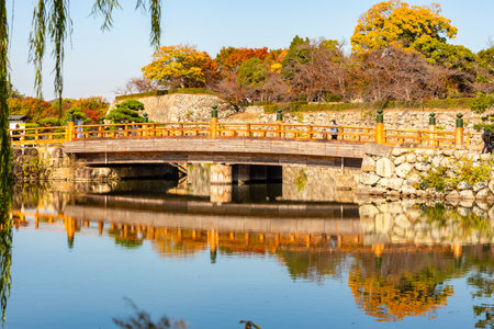 Sakuramon-bashi bridge over Himeji (White Heron) castle moat, Japanの写真素材