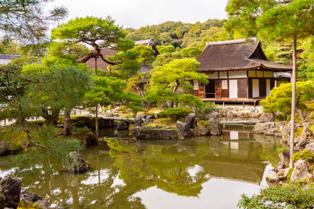 Ginkaku-ji (Silver pavilion) temple and gardens in autumn, Kyoto, Japanの写真素材