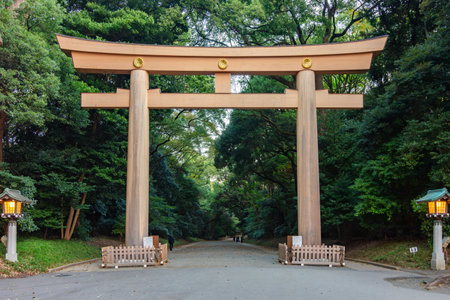 Torii gate leading to Meiji Shinto shrine in Shibuya, Tokyo, Japanの写真素材