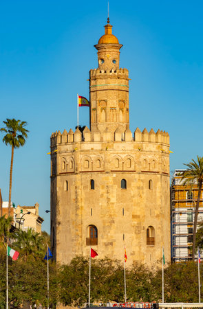 Tower of Gold (Torre del Oro) on Guadalquivir river embankment, Spainの写真素材