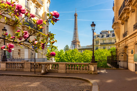 Eiffel tower and streets of Paris in spring, Franceの写真素材