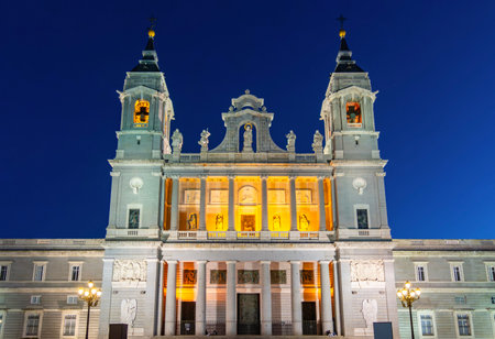 La Almudena (Royal cathedral) in center of Madrid at night, Spainの写真素材
