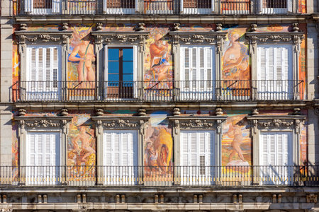 Decorated buildings of Plaza Mayor square in Madrid, Spainの写真素材