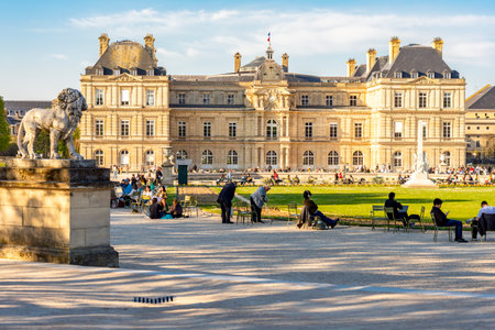 Paris, France - 02 April 2025: People relaxing in Luxembourg gardensの写真素材
