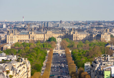 Paris, France - 03 April 2025: Paris cityscape with Louvre palace and Champs Elysees avenueの写真素材