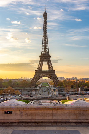 Paris, France - 03 April 2025: Eiffel tower seen from Trocadero at sunrise