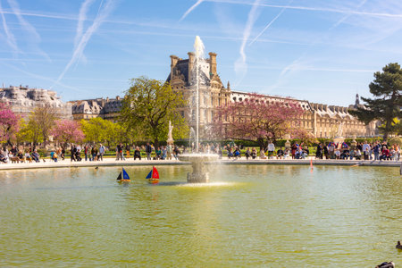Paris, France - 06 April 2025: Fountain in Tuileries gardens in springの写真素材