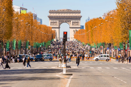Paris, France - 06 April 2025: Triumphal arch (Arc de Triomphe) and Champs Elysees avenue in Parisの写真素材