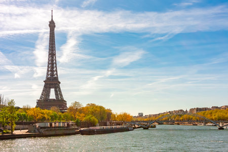 Eiffel tower and Debilly bridge over Seine river in Paris, Franceの写真素材