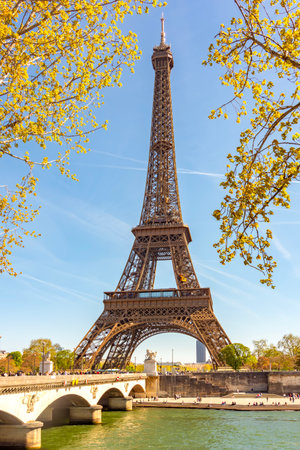 Eiffel Tower and Pont d'IÃ©na bridge over Seine river in Paris, Franceの写真素材