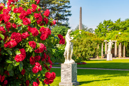 Red flowers in Private garden of Catherine park, Pushkin (Tsarskoe Selo), Saint Petersburg, Russiaの写真素材
