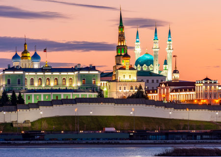 Kazan Kremlin cityscape at sunset with Kul-Sharif mosque and Suyumbike tower, Russiaの写真素材