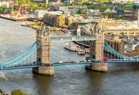 Aerial view of Tower bridge over Thames river, London