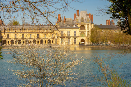 Fontainebleau palace (Chateau de Fontainebleau) and Carp's pond near Paris, Franceの写真素材