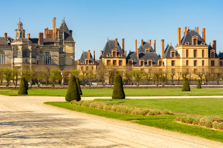 Fontainebleau palace (Chateau de Fontainebleau) and park in spring, Franceの写真素材