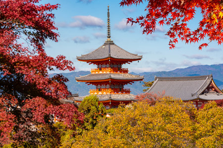 Pagoda of Kiyomizu-dera buddhist temple in autumn, Kyoto, Japan