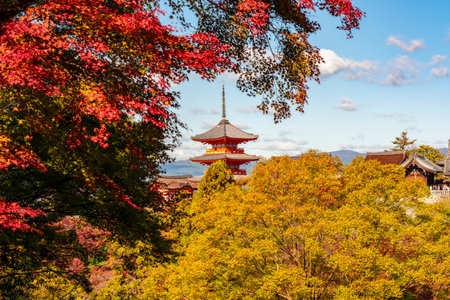 Kiyomizu-dera temple and gardens in autumn, Kyoto, Japanの写真素材