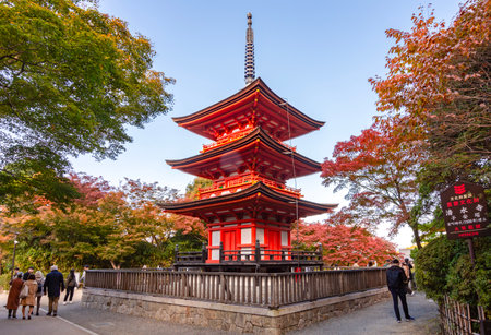 Kyoto, Japan - 25 November 2024: Old pagoda of Kiyomizu-dera buddhist temple in autumn