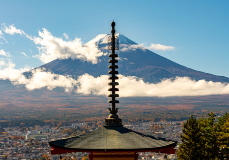 Chureito Pagoda and Mount Fuji in autumn, Arakura, Japanの写真素材