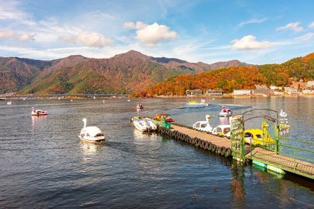 Fujikawaguchiko, Japan - 17 November 2024: Autumn momiji season at lake Kawaguchiko