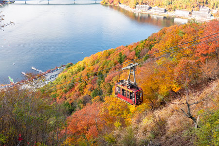 Cable car of Mount Fuji panoramic ropeway in autumn, Fujikawaguchiko, Japanの写真素材