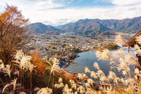 Lake Kawaguchiko in autumn seen from upper station of Mount Fuji panoramic ropeway, Fujikawaguchiko, Japanの写真素材