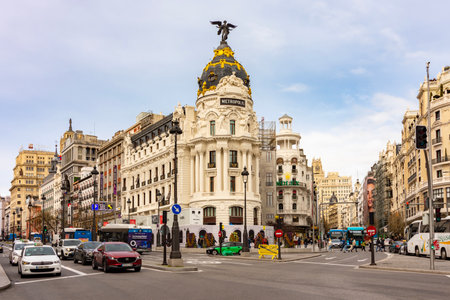 Madrid, Spain - 24 March 2025: Metropolis building on Gran Via (central street of Madrid)の写真素材