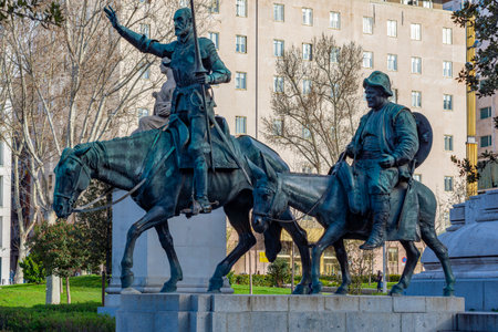 Don Quixote and Sancho Panza monument on Spain square in Madrid, Spainの写真素材