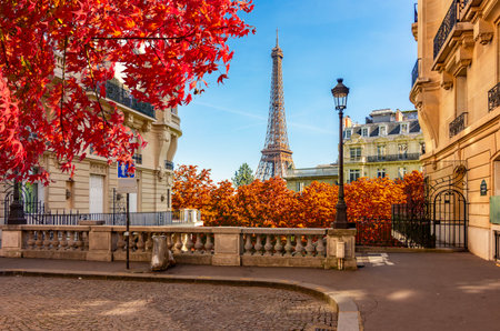 Eiffel tower and streets of Paris in autumn, Franceの写真素材
