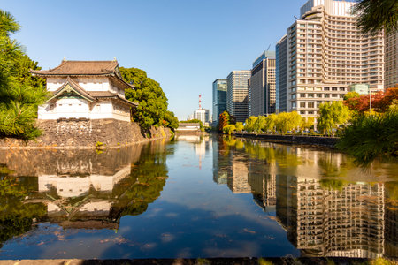 Marunouchi skyscrapers and Imperial residence walls in Tokyo, Japanの写真素材