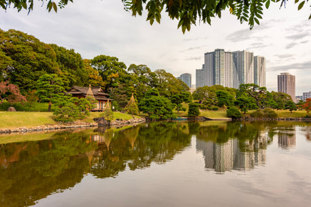 Pond in Hamarikyu gardens in autumn, Tokyo, Japanの写真素材