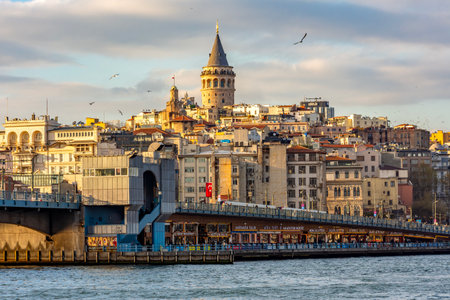 Istanbul, Turkey - 08 April 2025: Istanbul cityscape with Galata tower and bridgeの写真素材
