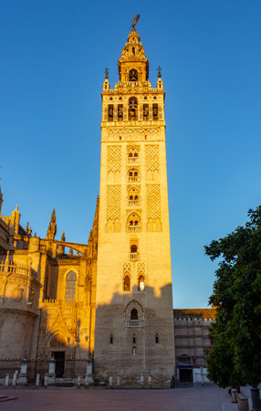 Giralda tower of Seville Cathedral on Virgen de los Reyes square, Spainの写真素材
