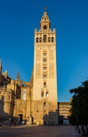 Giralda tower of Seville Cathedral on Virgen de los Reyes square, Spainの写真素材