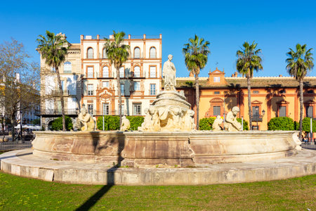 Hispalis fountain on Puerta de Jerez square, Seville, Spainの写真素材
