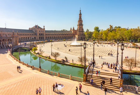 Seville, Spain - 28 March 2025: Architecture of Spain square in Maria Luisa parkの写真素材