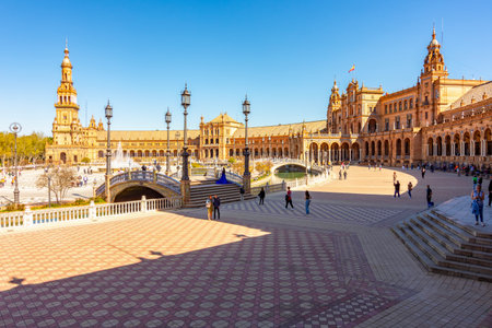 Seville, Spain - 28 March 2025: Panorama of Spain square in Maria Luisa parkの写真素材