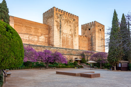 Walls and towers of Alcazaba fortress in spring, Alhambra, Granada, Spainの写真素材