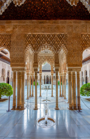 Court of Lions in Nasrid palace of Alhambra, Granada, Spainの写真素材