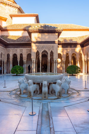 Court of Lions in Nasrid palace of Alhambra, Granada, Spainの写真素材