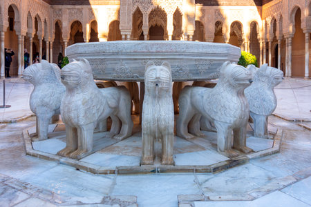 Granada, Spain - 30 March 2025: Court of Lions in Nasrid palace of Alhambraの写真素材