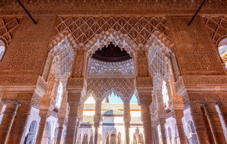 Court of Lions decorations in Nasrid palace of Alhambra, Granada, Spainの写真素材