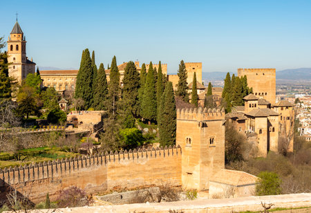 View of Alhambra palace and gardens seen from Generalife, Granada, Spainの写真素材
