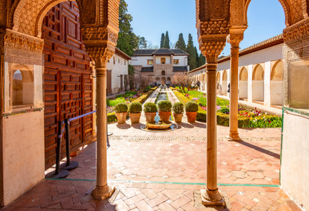 Patio de la Acequia (Water channel) in Generalife gardens at Alhambra, Granada, Spainの写真素材