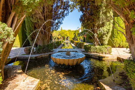 Fountains in Generalife gardens at Alhambra, Granada, Spain