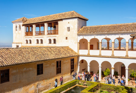 Granada, Spain - 30 March 2025: Sultana courtyard of Generalife palace and gardens at Alhambra